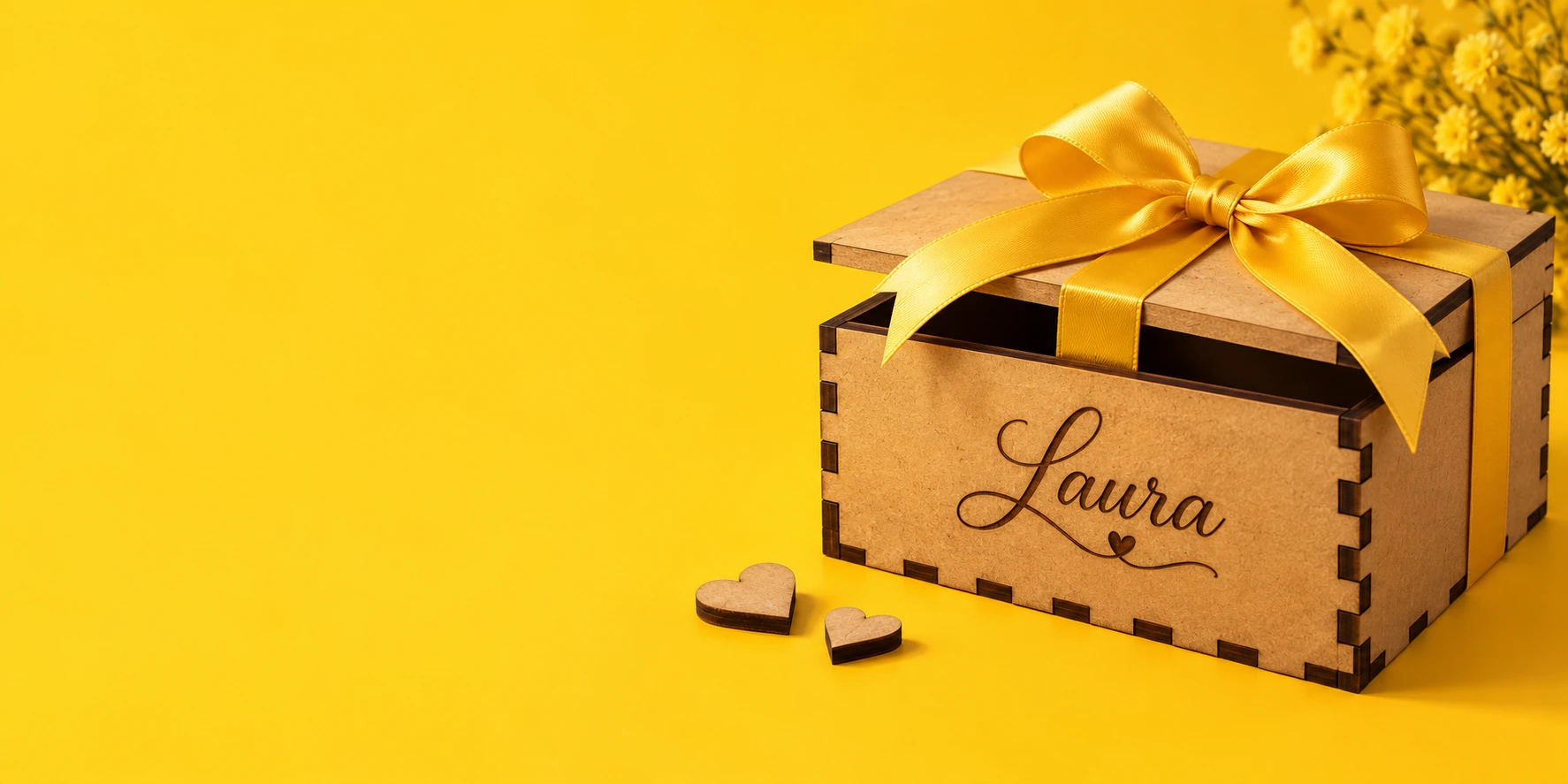 Caixa em MDF com o nome Laura gravado e um laço amarelo.
