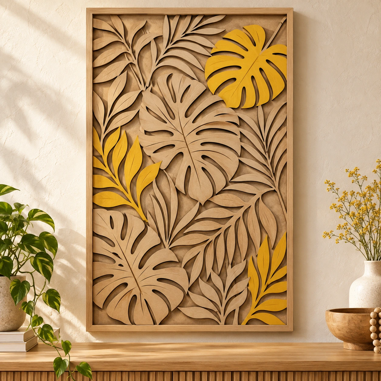Quadro botânico com folhas em MDF natural e amarelo.