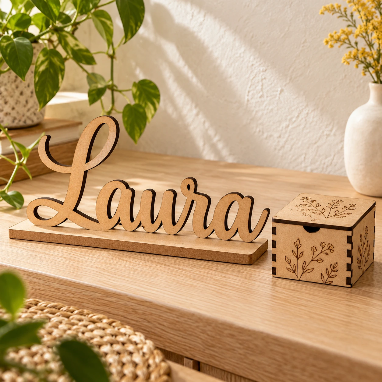 Nome Laura em MDF acompanhado de uma caixa.