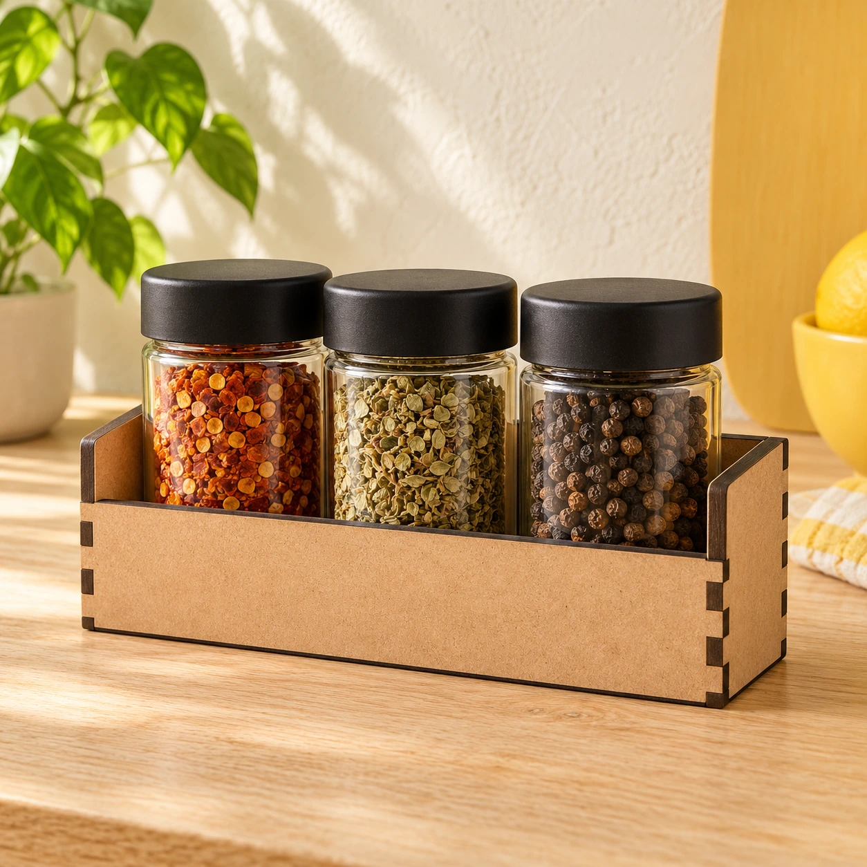 Porta-temperos em MDF natural em uma composição ambientada com potes.