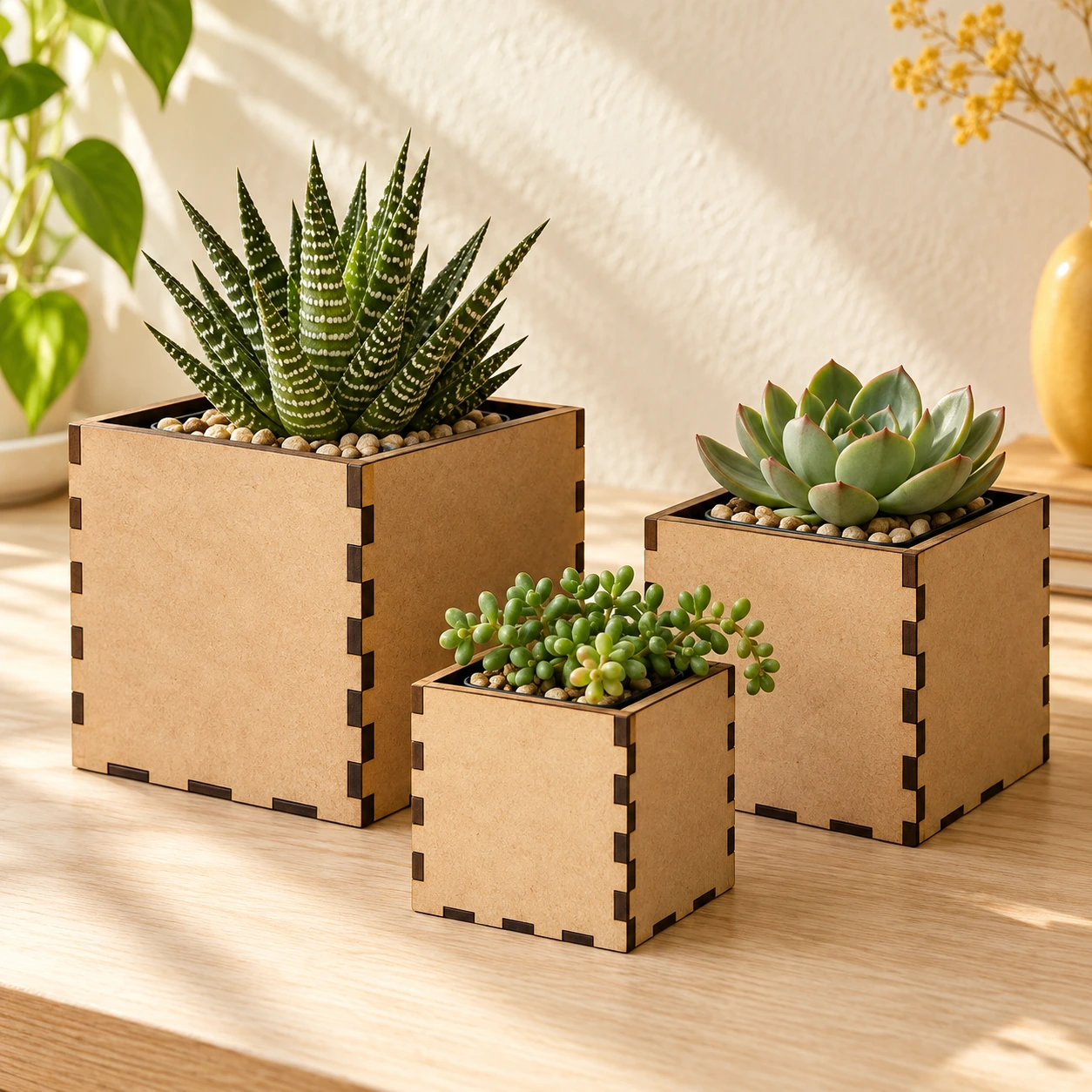 Três cachepôs em MDF natural em uma composição ambientada com plantas.